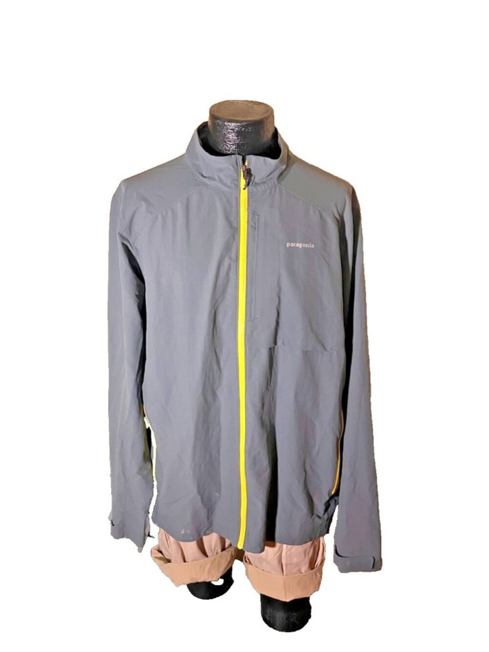 Patagonia Full Zip Jacket Mens Charcoal Gray Yellow Zipper Windbreaker Lightweig